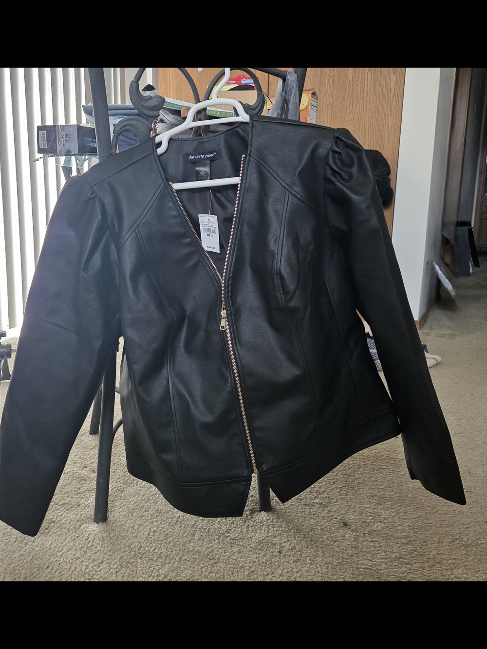 Ashley Stewart Black Faux Leather Zip Jacket with Puff Shoulders